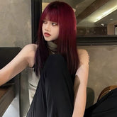 24'' Long Straight Ombre Burgundy & Black Y2K Wig with Bangs